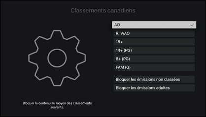 Sélectionnez les classifications que vous voulez bloquer. Un crochet indique quels filtres ont été appliqués.